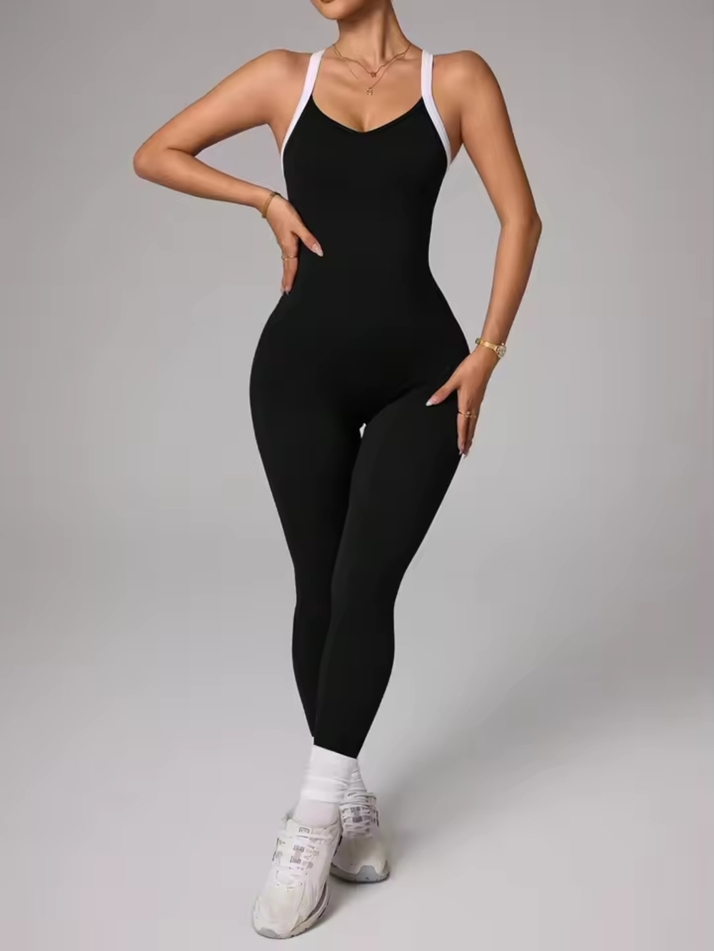 Ladies' Black Slim-Fit Jumpsuit with Contrast Straps
